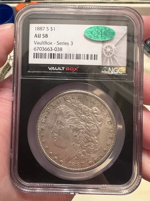Dólar de plata Morgan 1887 S AU58 CAC NGC caja bóveda Foto 1 de 4