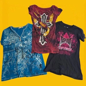 Vintage Y2K T-Shirt Lot Womens Sinful Affliction Goth Biker Rhinestone Cross Tee - Picture 1 of 18