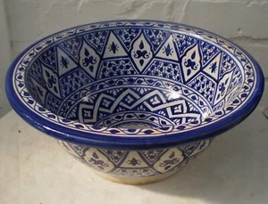 HAND PAINTED CERAMIC HAND WASH BASIN * FES POTTERY 30 cm Blue & White - Picture 1 of 6