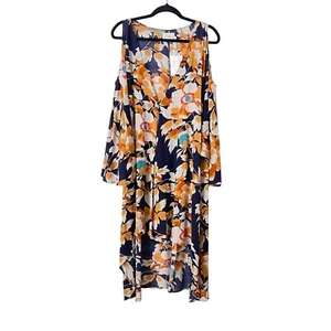 ZHU Size M Floral Navy Boho Midi Dress Cover Up Bell Sleeve High-Low Deep V-Neck - Picture 1 of 9