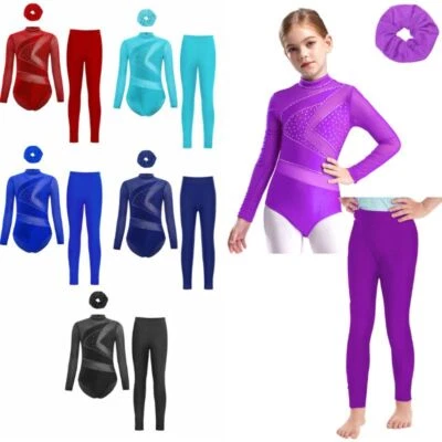 Kids Girls Outfits Bodysuit Set Rhinestone Suit Figure Skating Training Dance - Image 1 of 4