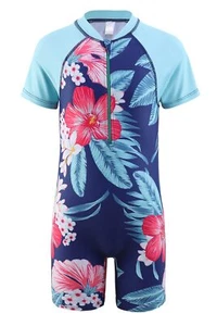 Girls Short Sleeve Rash Guard One Piece Swimsuits Zipper Front Bathing Suit S... - Picture 1 of 5