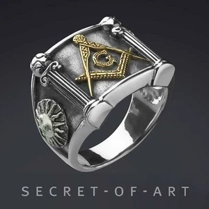 Mens Masonic Ring Mason G Pillars 925 Silver jewelry Freemason 18K Gold-Plated - Picture 1 of 12