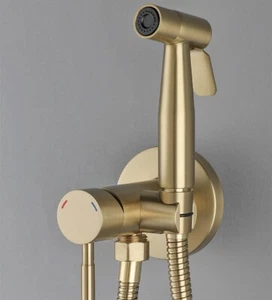 Brushed Gold Bidet Shattaf Muslim Bathroom Brass Mixer Hot Cold Valve Holder Kit - Picture 1 of 11