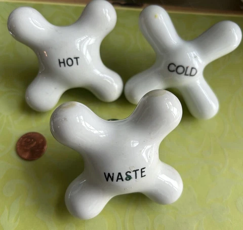 vtg porcelain FAUCET KNOB SET antique lot Hot Cold Waste sink salvage cross tub Cover