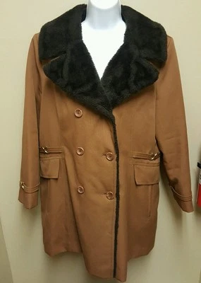 Vintage Size 16.5 Brown Trench Coat Black Fur Collar Union Made in USA  - Image 1 of 4