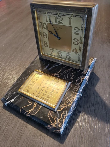 1930s E. Gubelin Lucerne Art Deco Desk Clock Calendar. Brass and Marble Cover