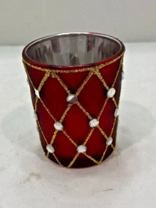 Glas Votivkerzenhalter Rot Gold Metallic Glitzer Strass Diamant Design - Bild 1 von 2