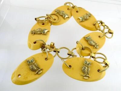 Vintage Yellow Opaque Bakelite and Goldtone Metal Owl Link Design Belt 33.5 Inch - Image 1 of 4