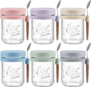 6 Pack Overnight Oats Containers & Lid &Spoons 16 oz Glass Mason Airtight Large - Picture 1 of 6