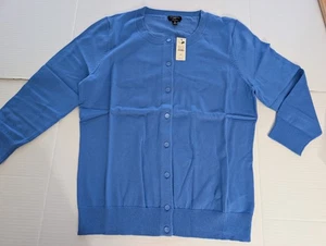 Talbots Petite Medium Pima Cotton 3/4 Sleeve Crewneck Cardigan Sweater Blue NWT - Picture 1 of 3