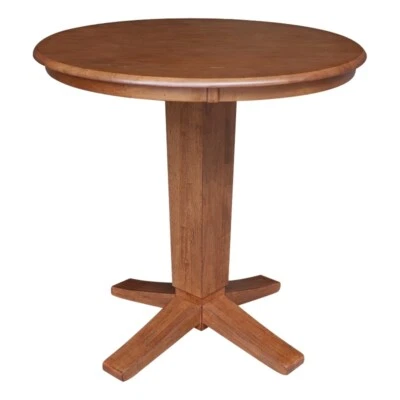 Mesa de comedor redonda de madera maciza de 36" con pedestal en roble envejecido Foto 1 de 4