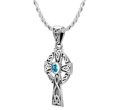 925 Argento Sterling 23mm Croce Celtica Collana Blu Zircone Dic Del Mese , 61cm - Immagine 1 di 4