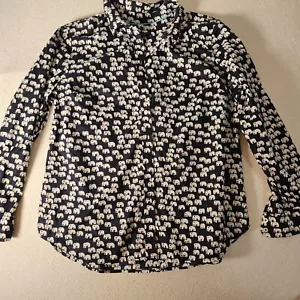 Talbots Women's Petite L Button-Front Shirt Blue White Elephants Long Sleeve Top - Picture 1 of 9