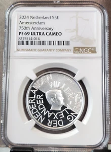 2024 NETHERLANDS SILVER 5 EURO AMSTERDAM 750TH ANNIV NGC PF 69 ULTRA CAMEO RARE - Picture 1 of 3