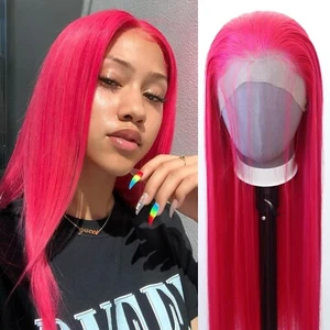 Peluca larga recta rosa caliente cabello sintético encaje frontal natural como cabello humano fiesta - Imagen 1 de 6
