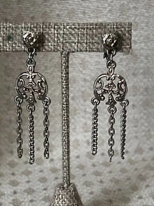 Vintage Art Nouveau Style Silver Tone Chain Dangle Clip Earrings - Picture 1 of 4