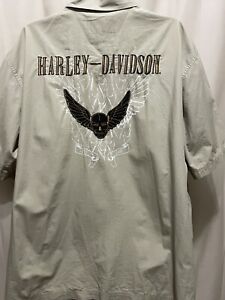 Harley Davidson Men Big Skull Embroidered Garage Work Button Up Shirt Tan 2XL