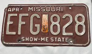 Missouri License Plate Tag 1997 MO 'EFG 828' Red / White Show Me State - Picture 1 of 2