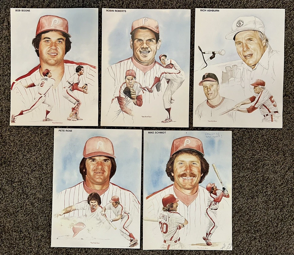 (5) PHILLIES 9 X 12 TODD ALAN ART PRINTS MIKE SCHMIDT ROSE ASHBURN ROBERTS - Image 1 of 1