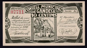 BILLETE GANDESA 10 CENTIMOS 1937 - SERIE A - CONSEJO MUNICIPAL DE GANDESA - SC - Imagen 1 de 2