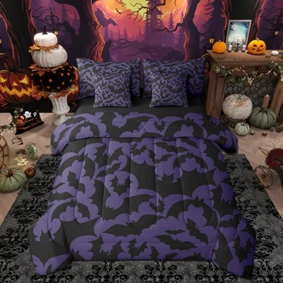 Juego de edredón temático de Halloween 7 piezas tamaño queen, murciélagos negros estampado animal sil... Foto 1 de 4