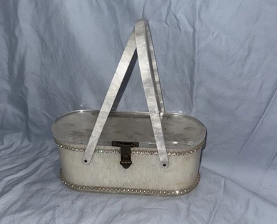 Vintage White Lucite Purse with Embellished Metal Trim - Image 1 of 2