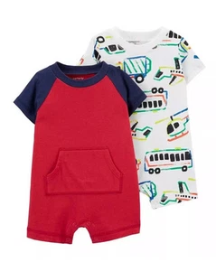Carter's Baby Boy's 2 Pack Vehicles Rompers Short Sleeve 100% Cotton 12 Months - Picture 1 of 4
