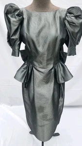 Vestido de cóctel vintage Barboglio Cristina Jan negro/gris peplum años 80 talla 8 - Imagen 1 de 9