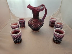 RARE Beautiful Plum Opalescent Hobnail Fenton USA Pitcher Set 2008 - Picture 1 of 18
