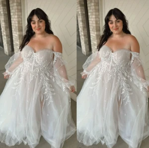Plus Size Wedding Dresses Off the Shoulder Puff Sleeve Lace Applique Bridal Gown - Picture 1 of 9