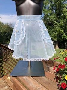 Vintage mezzo grembiule MCM blu pura organza con accenti bianchi anni '50 '60 etichetta da cucina - Foto 1 di 9