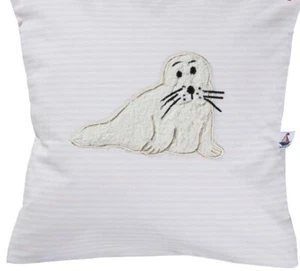 Dulce funda de cojín a rayas rosa bordada con foca suave. 30x30, con entrada - Imagen 1 de 5