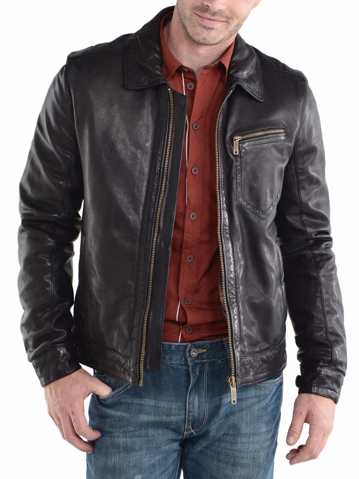 Men's Leather Jacket Biker Motorcycle Coat Black Slim Fit Outwear Jackets - 18 - Image 1 of 4