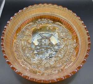 Imperial glass windmill Marigold Orange Iridescent carnival ruffle bowl Vintage - Picture 1 of 5
