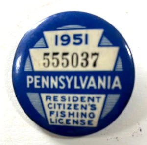 1951 Pa Pennsylvania FISHING LICENSE Pin Pinback Badge - Picture 1 of 2