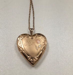 14K Gold Filled Stamp Rose Design Mom Heart Locket Keepsake 44cm Chain #607 #CS