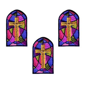 Gold Cross in Stained Glass Patches (3-Pack) Religious Iron On Patch - Picture 1 of 3