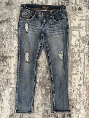 Pantalones de mezclilla Apollo para mujer azul junior tiro bajo lavado medio talla 3/4 desgastados ☼ Foto 1 de 4