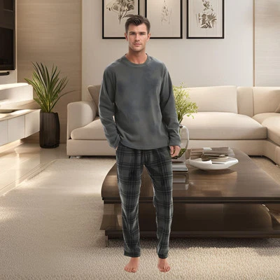 SANESHOPPE Fluffy Men's Fleece Pajama Set, Thermal Pyjamas in Grey Check.