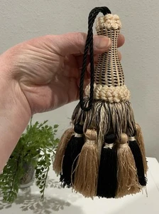 Vtg 4” D Cream Black Light Brown Tassel Fabric Trim 7” H - Picture 1 of 8