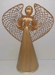 Vintage Corn Husk Angel Christmas Tree Topper Doll 10” Full Wings Praying Hands - Picture 1 of 7