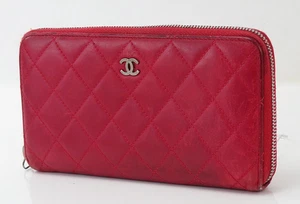 Auténtico monedero CHANEL rojo acolchado cuero CC largo cremallera #56539 - Imagen 1 de 19