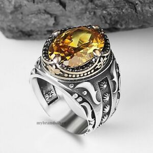 Turkish Handmade 925K Sterling Silver Jewelry Citrine Men's Ring All Size