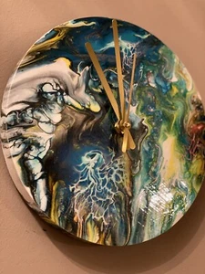 "Reloj de Pared Arte Fluido Pintado a Mano 9"" Redondo Abstracto Multicolor" - Imagen 1 de 12