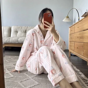 Luxurious Pink Striped Ladies Brushed Cotton Pyjamas Set with Wine Glass Motif - Picture 1 of 3