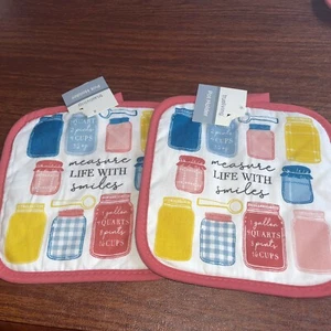 NWT~ 2 - Piece Set Pot Holders~ measure LIFE WITH Smiles~ 8” x 8” - Picture 1 of 5