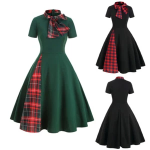 Womens Plaid Check Skater Dress Ladies Christmas Xmas Party Swing Fancy Dress - Picture 1 of 11