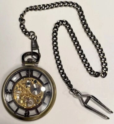Retro Style 50mm Skeleton | Clear & Distressed Bronze | POCKET WATCH  +12” Chain Foto 1 de 4