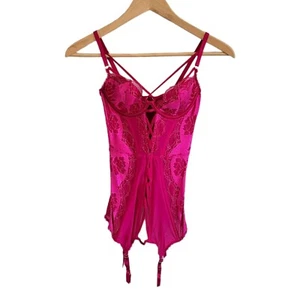 Victoria’s Secret Corset Teddy Garters 34B Pink Magenta Lace Panels Caged Neck - Picture 1 of 11